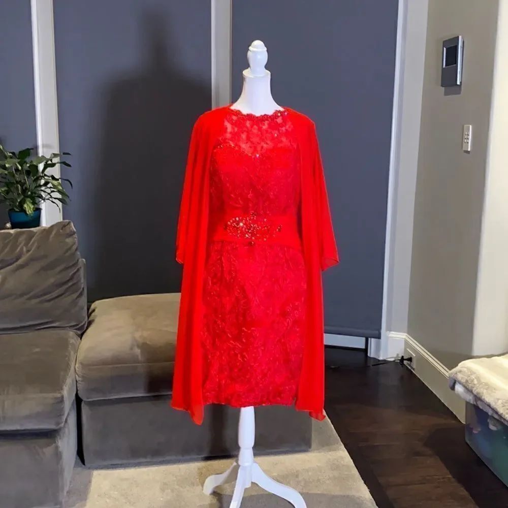 Women’s Red Dress with Corset Back and Matching Chiffon Jacket Size M